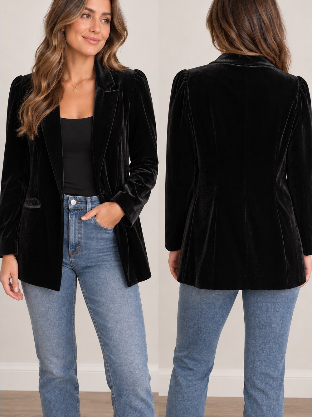 Leith Black Velvet Blazer with Puff Shoulders